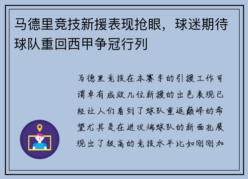 马德里竞技新援表现抢眼，球迷期待球队重回西甲争冠行列